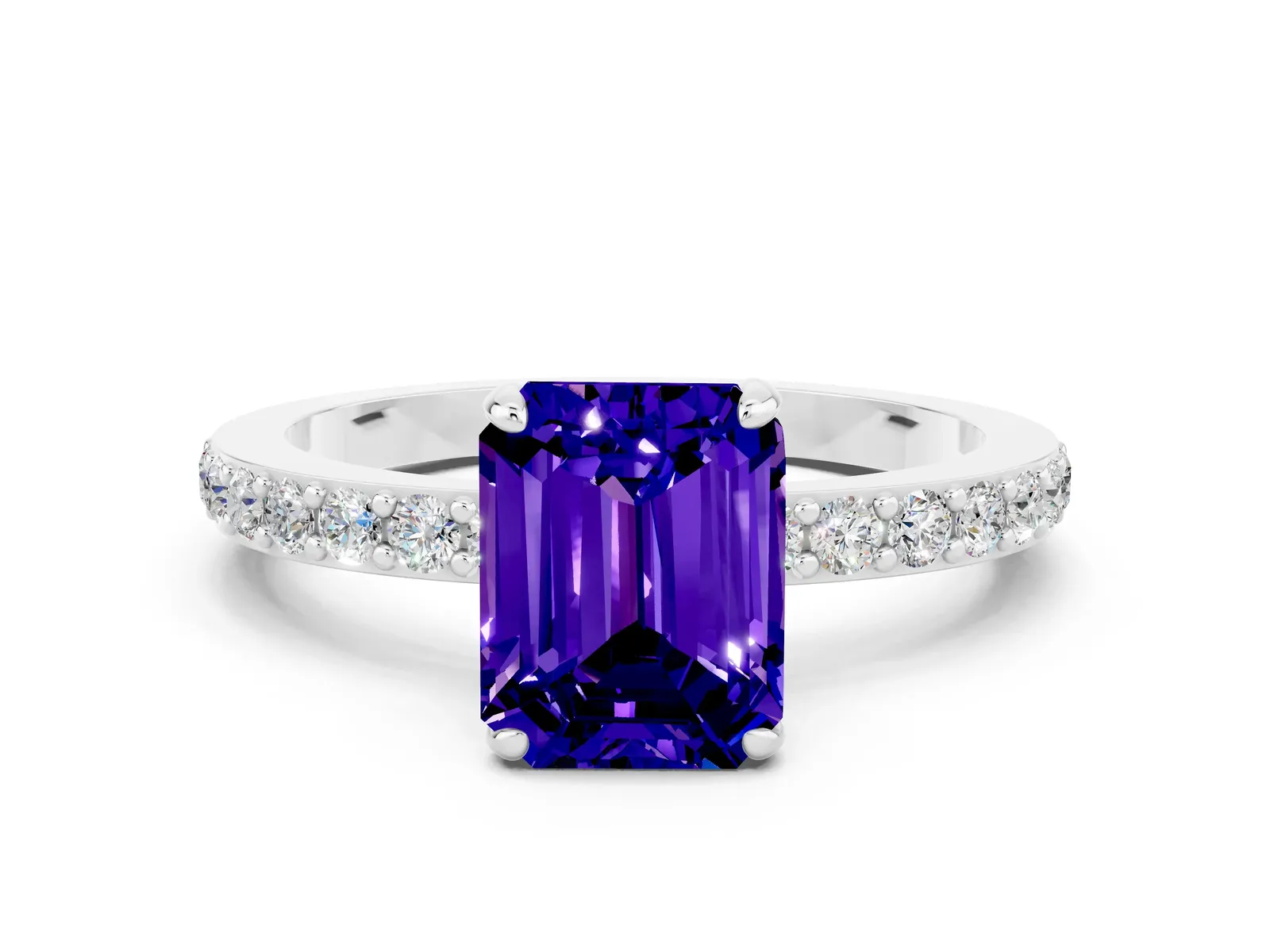 Emerald Cut Tanzanite Solitaire Engagement Ring with Pavé Band and Four-Prong Setting Platinum