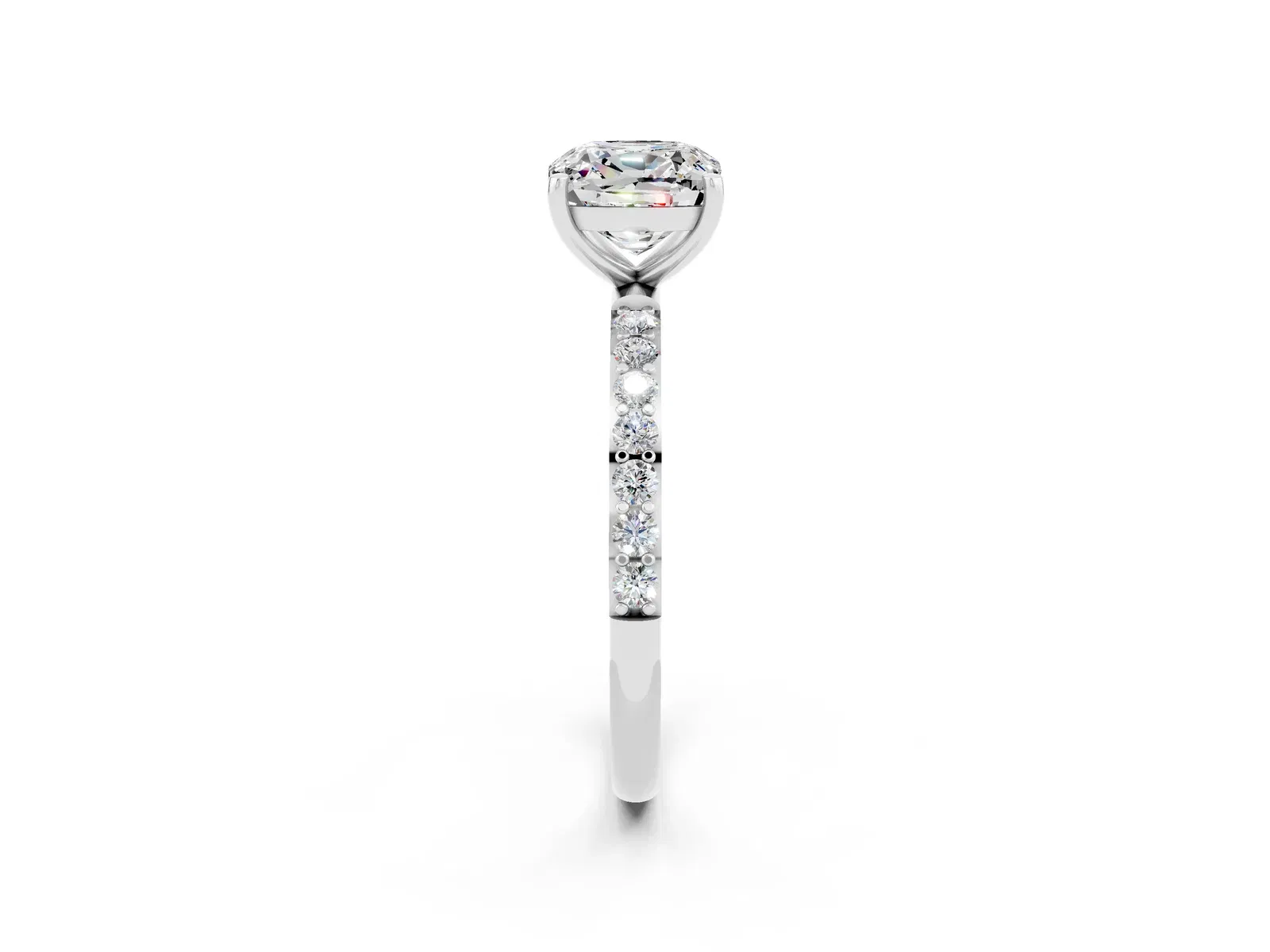 Cushion Cut Moissanite Solitaire Ring with Round Pavé Band and Prong Setting Platinum