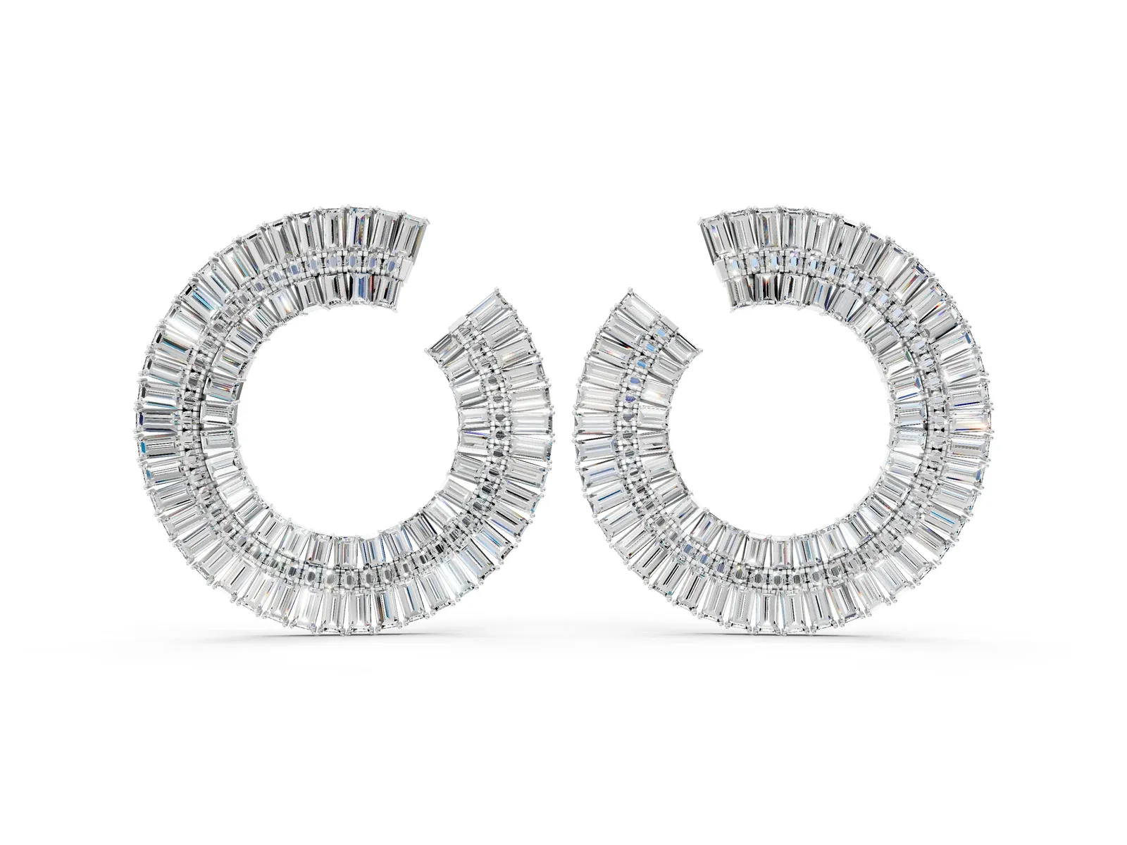 Baguette and Round Diamond Fanned Hoop Earrings Platinum