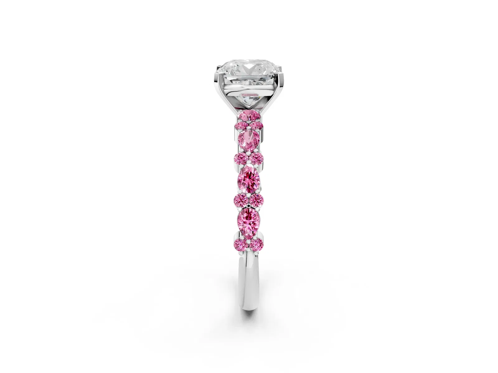 Cushion Cut Diamond Side Stone Solitaire Ring with Round Pink Sapphire and Four-Prong Setting Platinum
