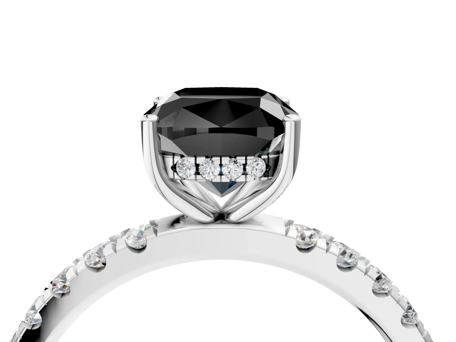 Fancy Black Cushion Cut Diamond Pave Band Solitaire Ring with Round and Prong Setting Platinum