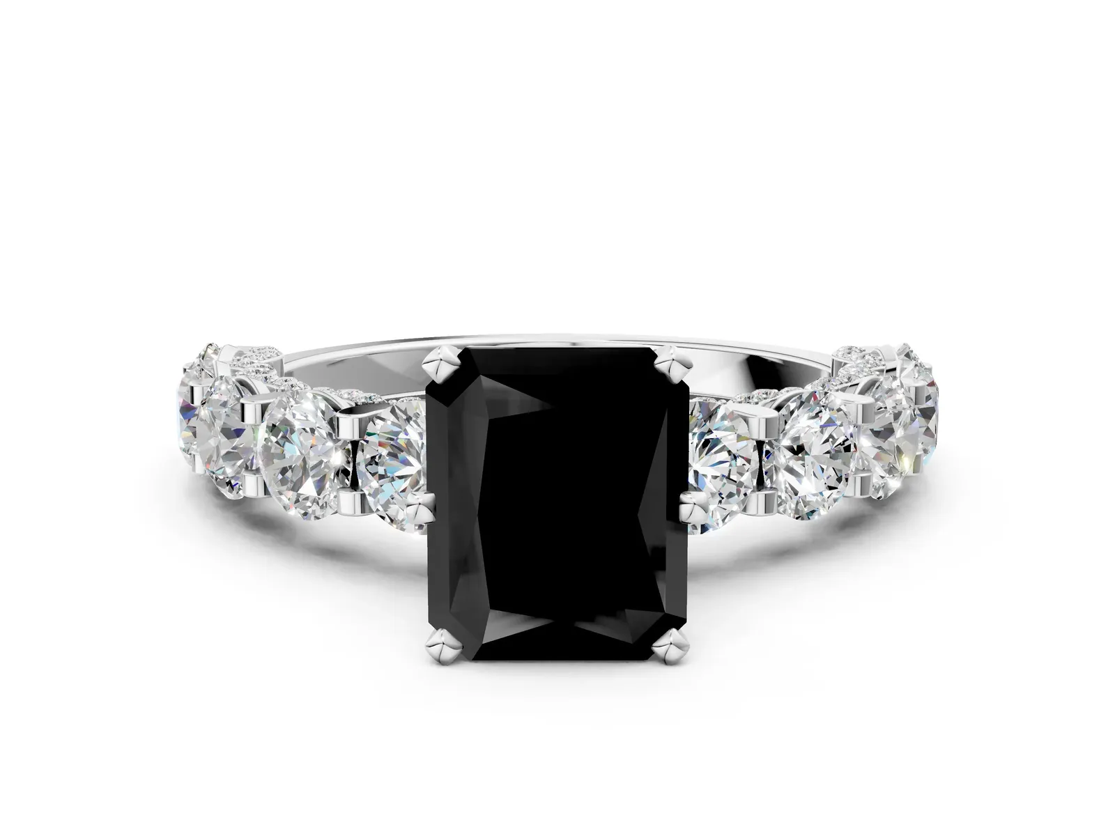 Fancy Black Radiant Cut Diamond Side Stone Engagement Ring with Four-Prong Setting White gold