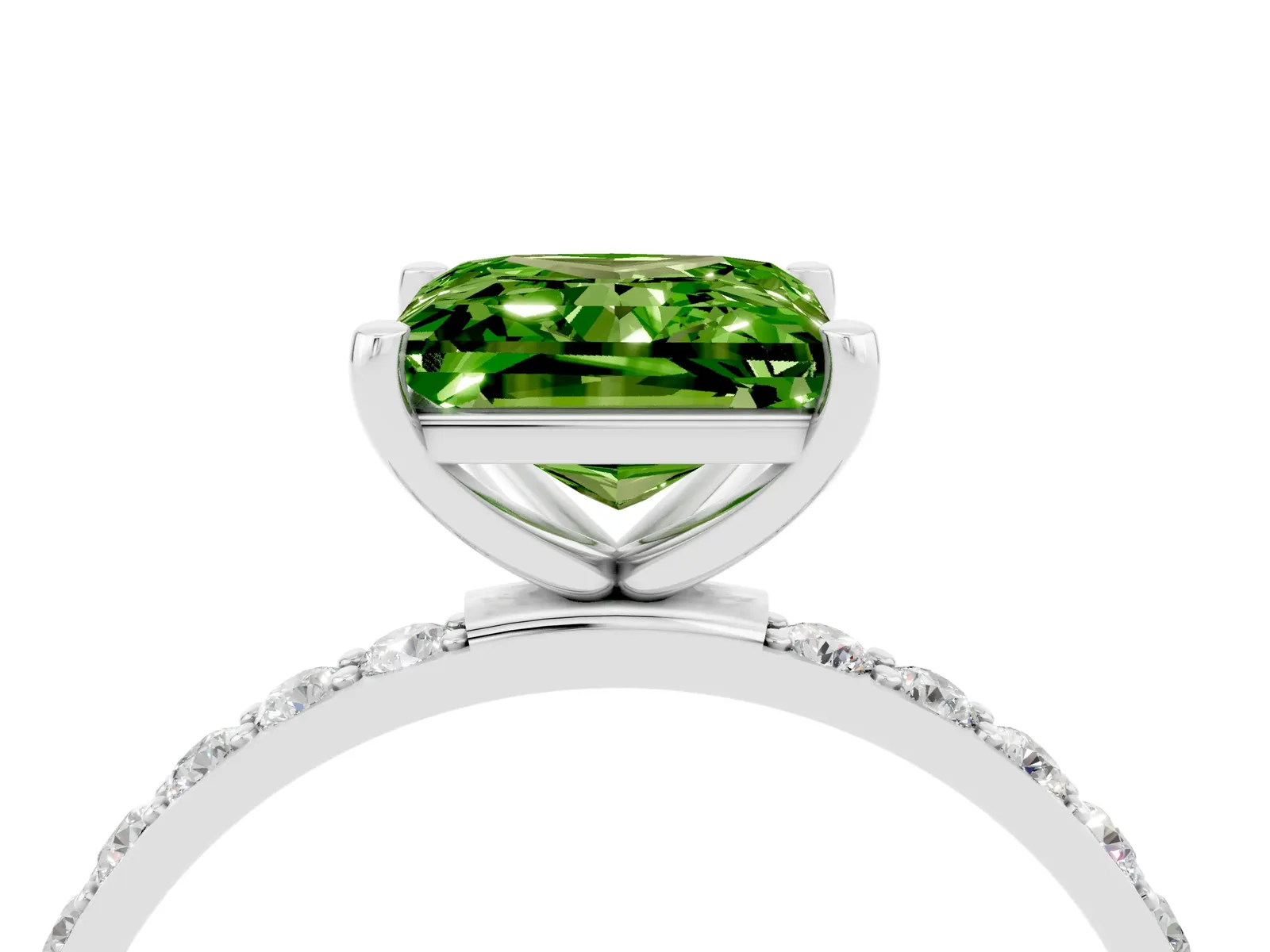 Princess Cut Peridot Solitaire Ring with Round Pavé Band and Prong Setting Platinum