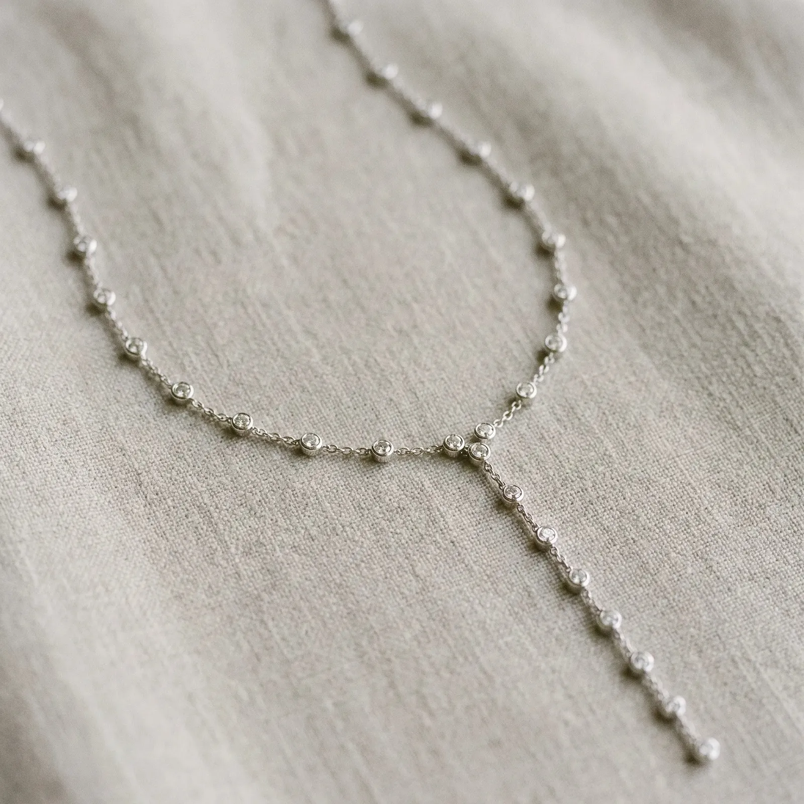Bezel-Set Round Diamond Station Y Necklace White gold