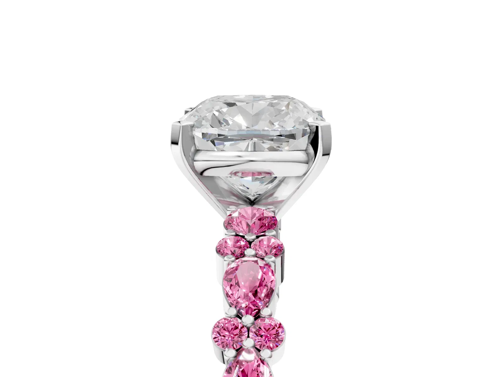 Cushion Cut Diamond Side Stone Solitaire Ring with Round Pink Sapphire and Four-Prong Setting Platinum