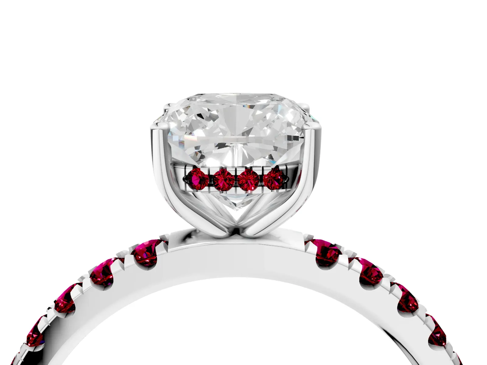 Cushion Cut Diamond Pave Band Solitaire Ring with Round Garnet and Prong Setting Platinum