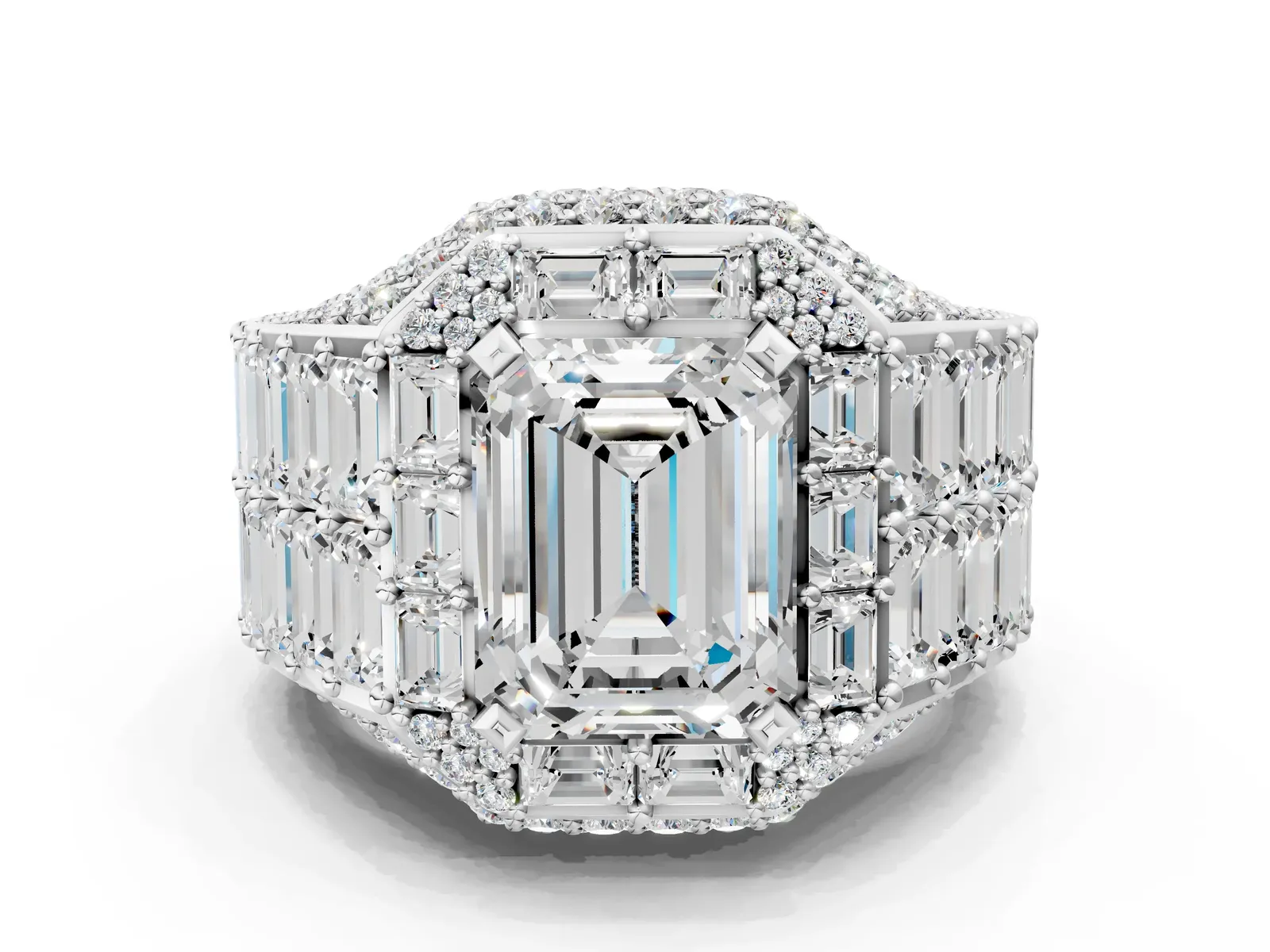 Emerald Cut Diamond Pavé Statement Mens Ring with Baguette Accents White gold