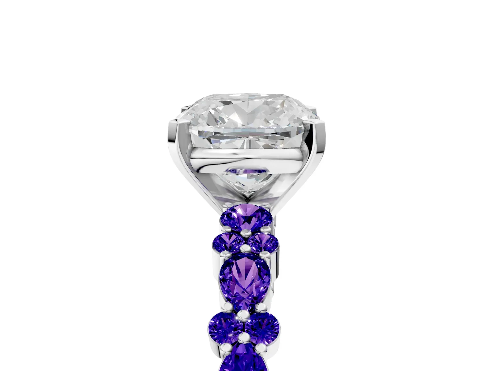 Cushion Cut Diamond Side Stone Solitaire Ring with Round Tanzanite and Four-Prong Setting Platinum