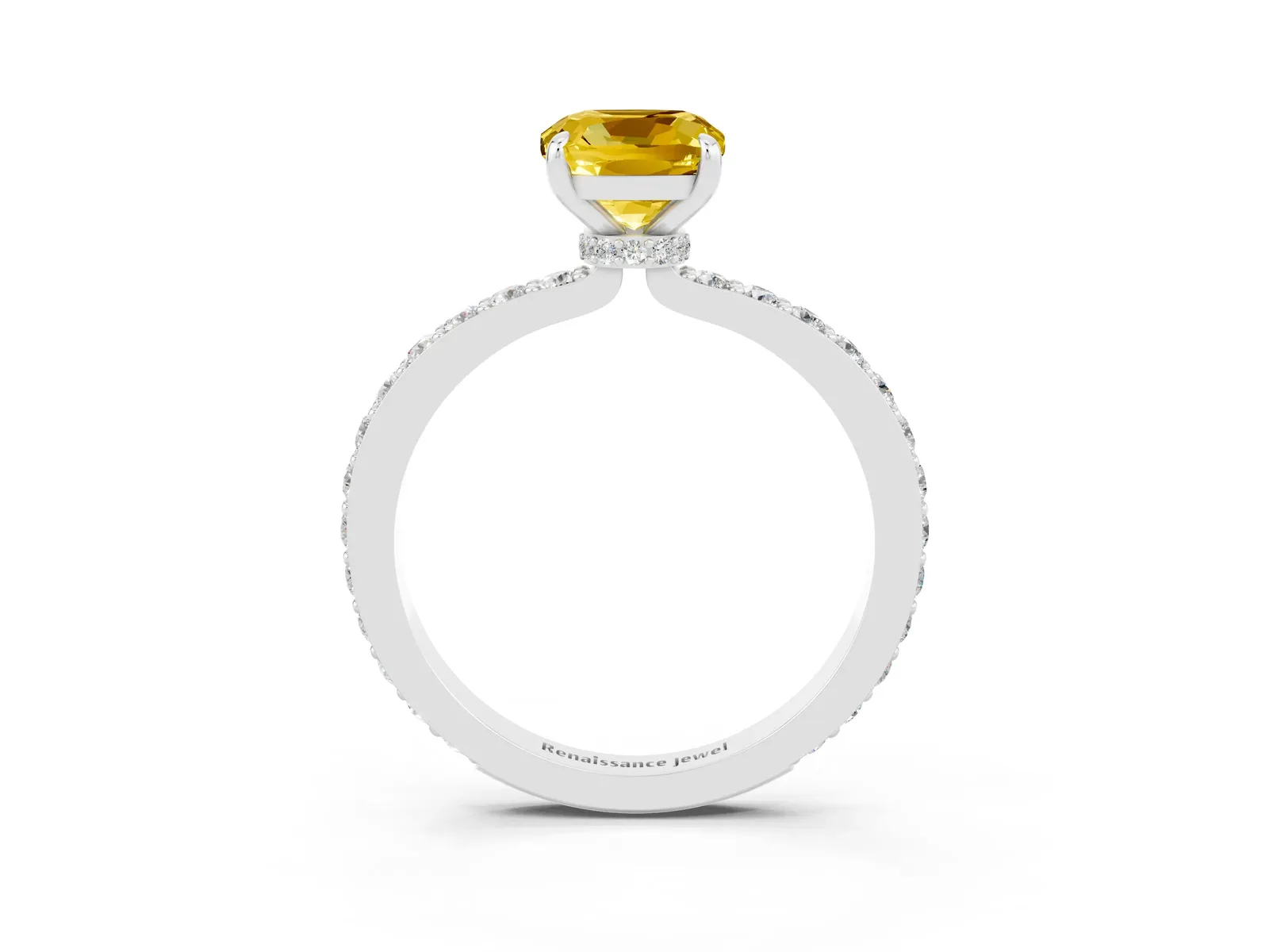 Cushion Cut Yellow Sapphire Solitaire Engagement Ring with Pavé Band and Four-Prong Setting Platinum