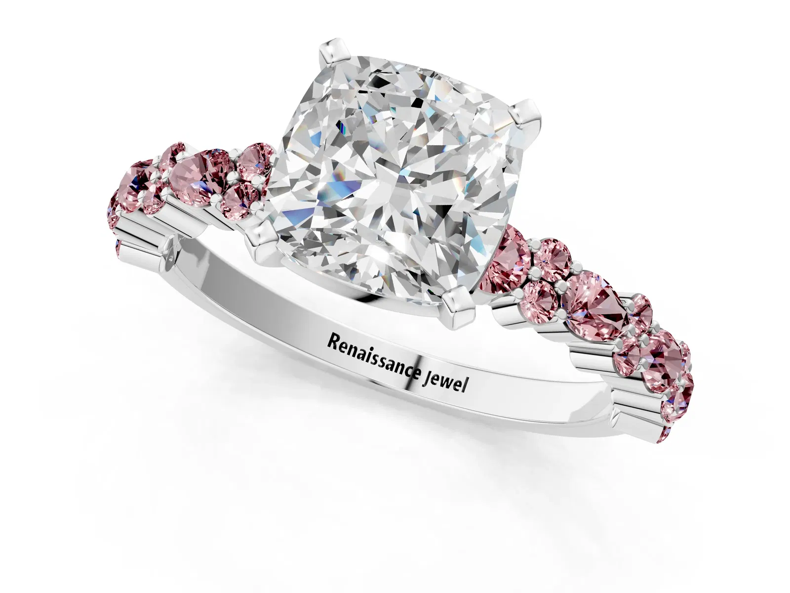 Cushion Cut Diamond Side Stone Solitaire Ring with Round Morganite and Four-Prong Setting Platinum