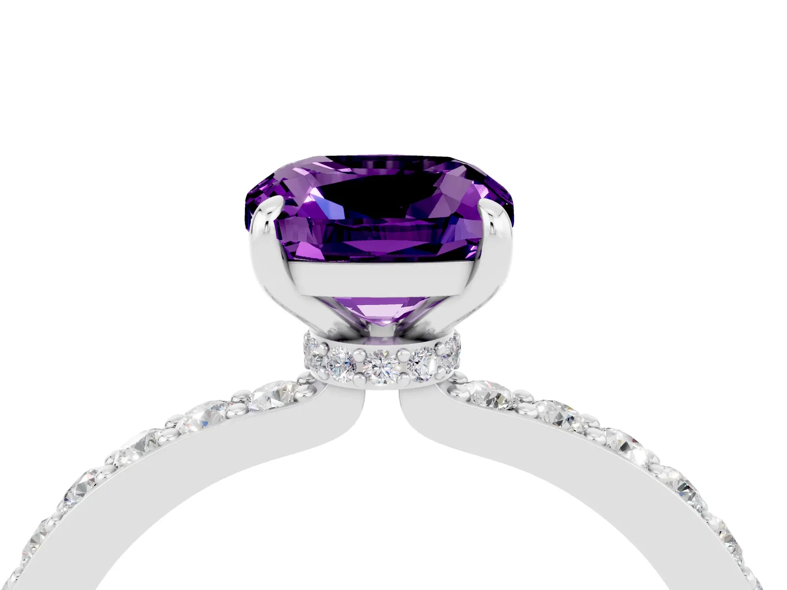 Cushion Cut Amethyst Solitaire Engagement Ring with Pavé Band and Four-Prong Setting Platinum