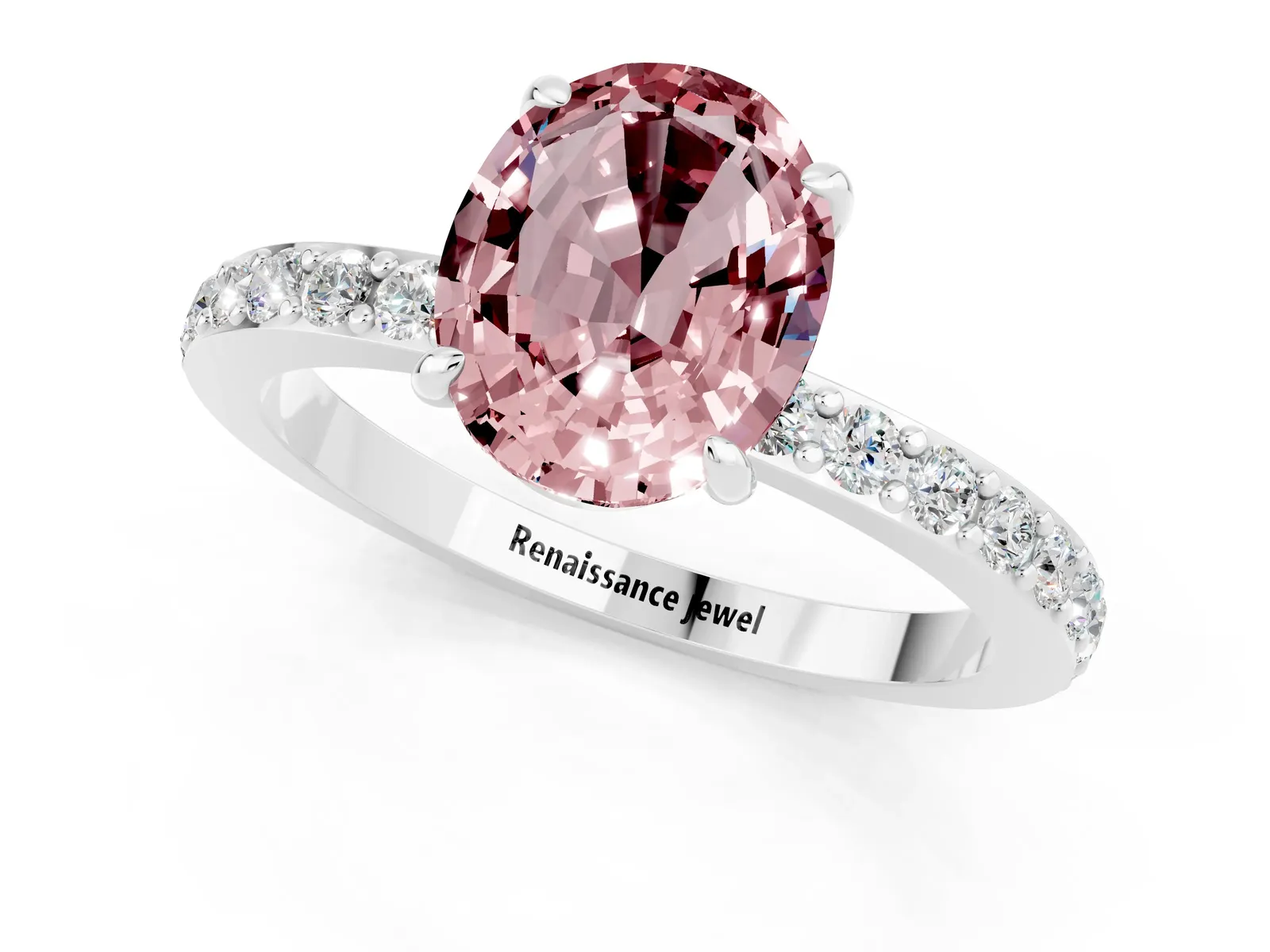 Oval Cut Morganite Solitaire Engagement Ring with Pavé Band and Four-Prong Setting Platinum