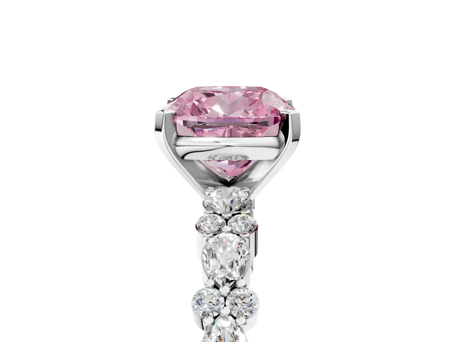 Fancy Pink Cushion Cut Diamond Side Stone Solitaire Ring with Round and Four-Prong Setting Platinum
