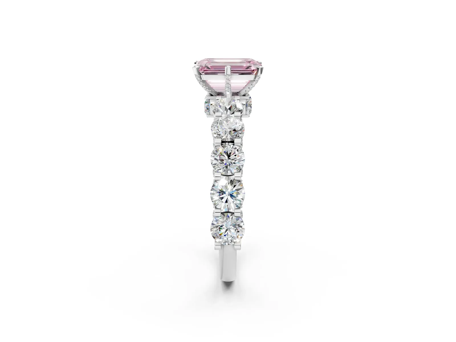 Fancy Pink Emerald Cut Diamond Side Stone Engagement Ring with Four-Prong Setting Platinum