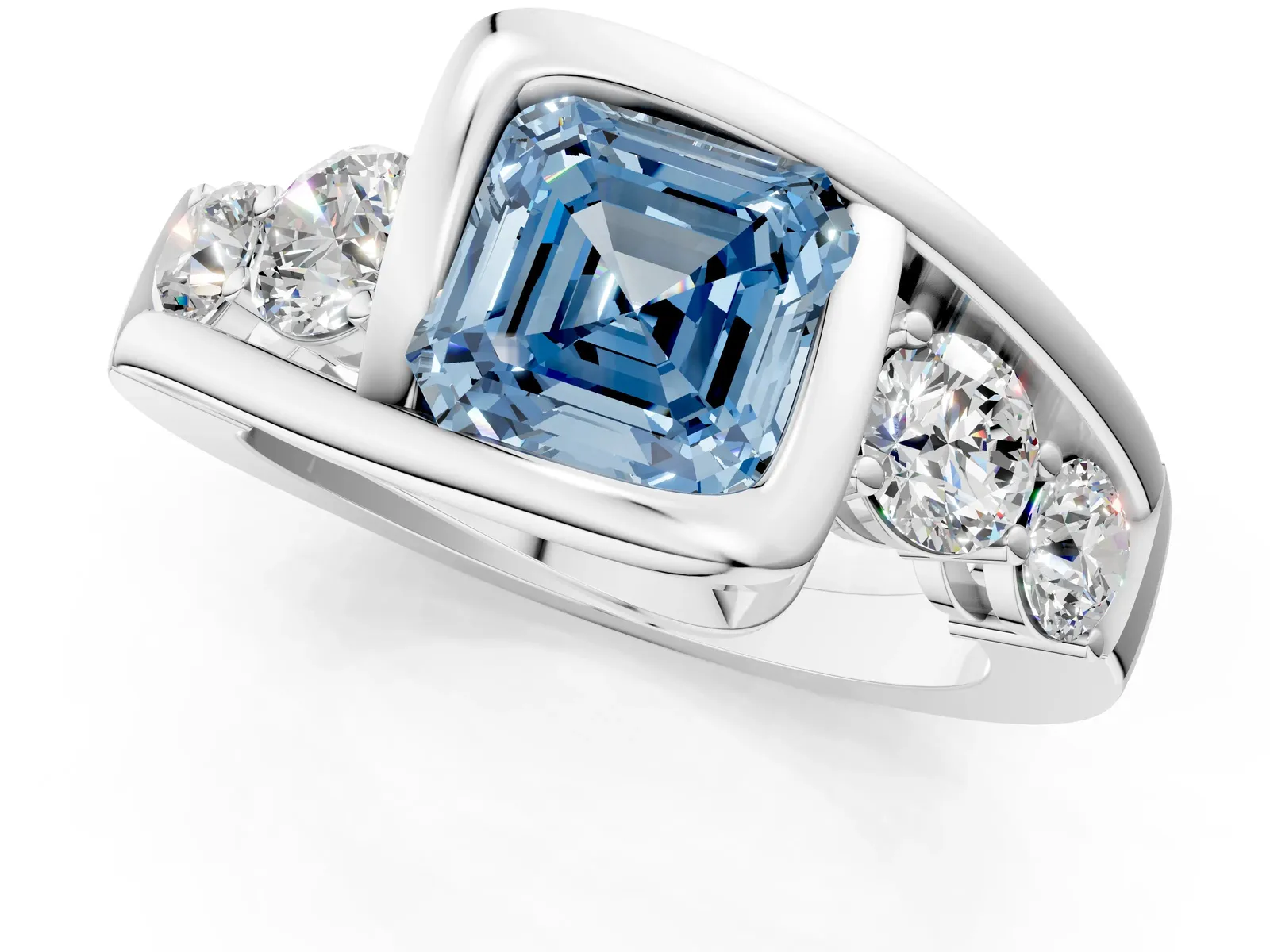 Fancy Blue Bezel Set Asscher Cut Diamond Bypass Ring with Round Accents Platinum