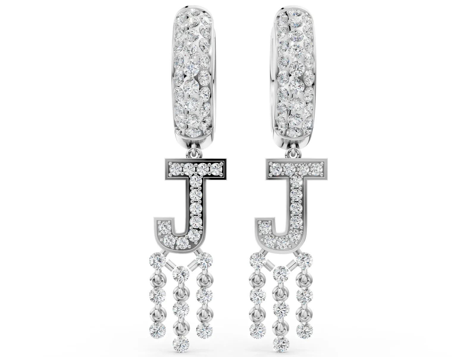Round Diamond Initial J Huggie Hoop Earrings Silver