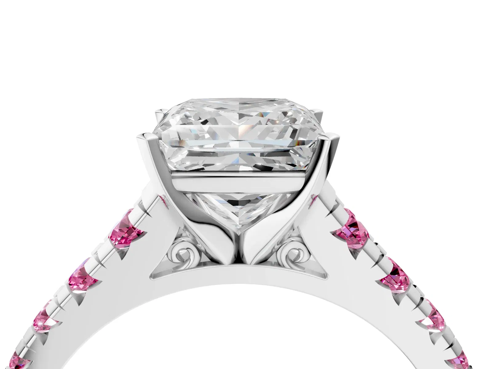 Princess Cut Diamond Cathedral Solitaire Ring with Round Pink Sapphire Pavé Band Platinum