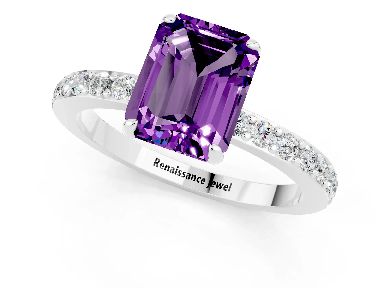 Emerald Cut Amethyst Solitaire Engagement Ring with Pavé Band and Four-Prong Setting Platinum