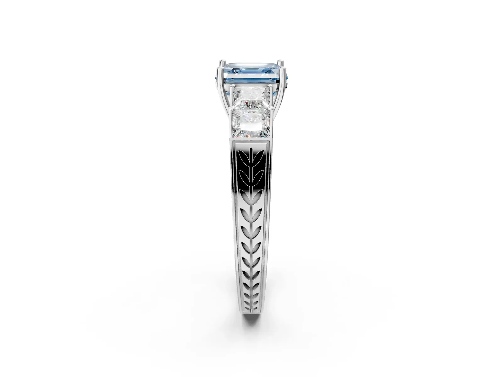 Fancy Blue Asscher Cut Solitaire Princess Side Stone Engraved Band Prong Setting Ring Platinum