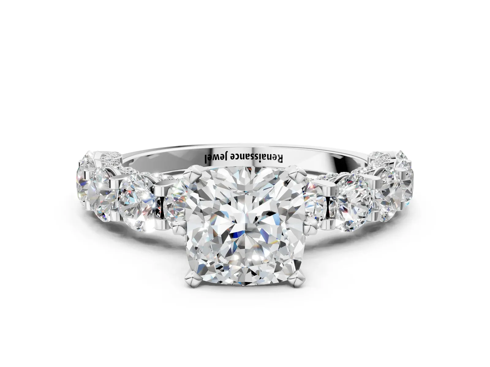 Cushion Cut Diamond Side Stone Engagement Ring with Four-Prong Setting White gold