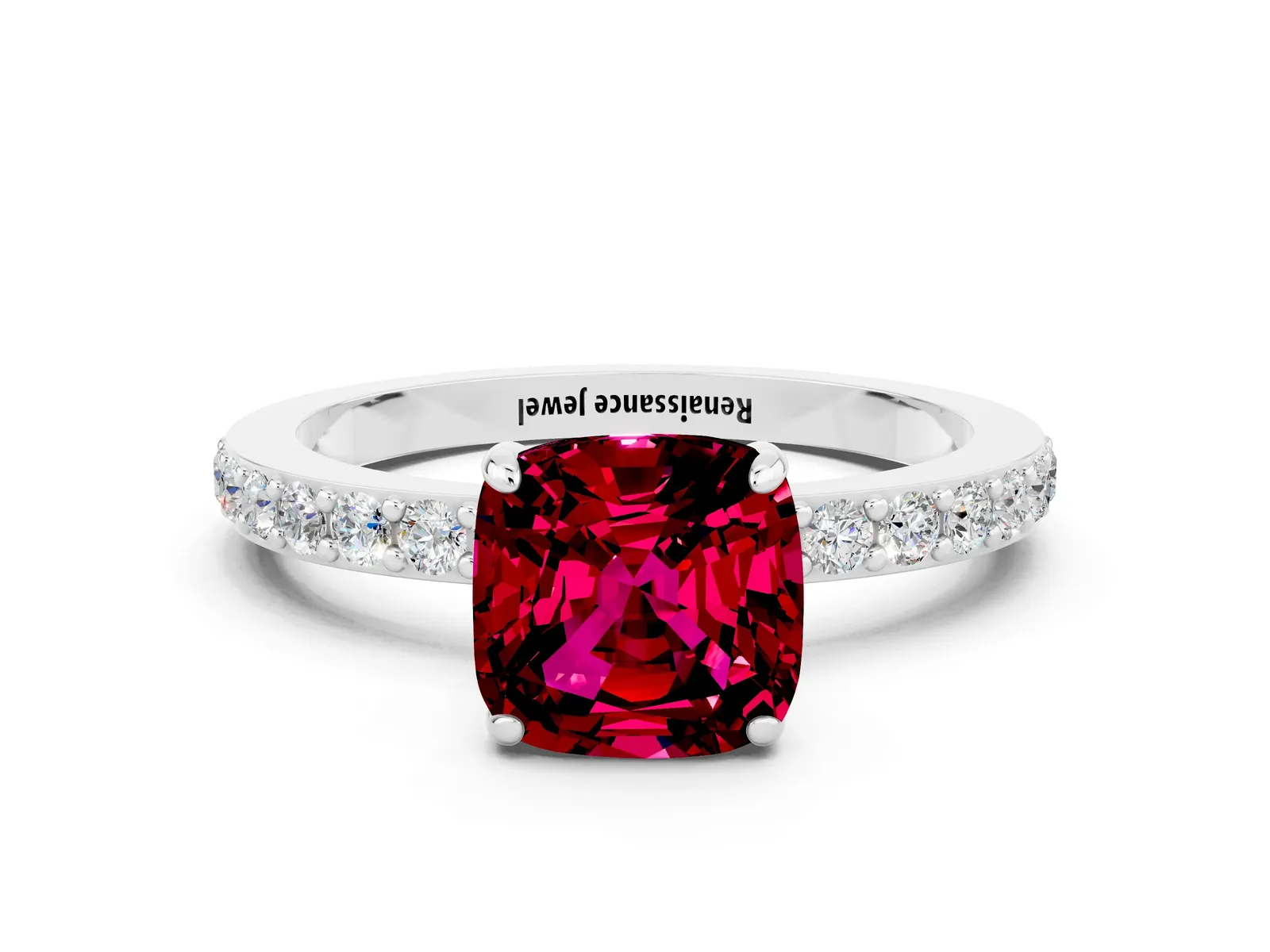 Cushion Cut Garnet Solitaire Engagement Ring with Pavé Band and Four-Prong Setting Platinum