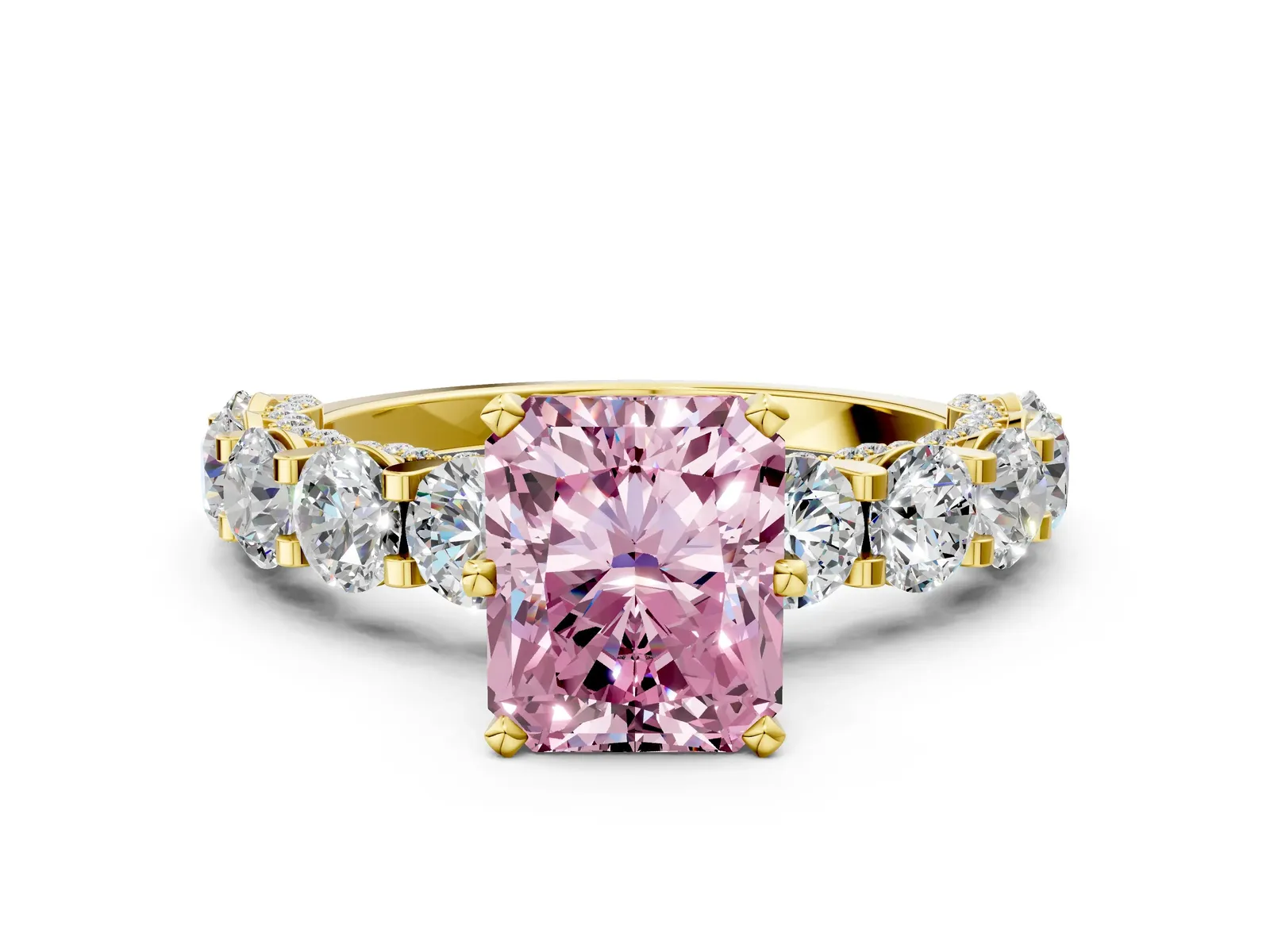 Fancy Pink Radiant Cut Diamond Side Stone Engagement Ring with Four-Prong Setting Yellow gold