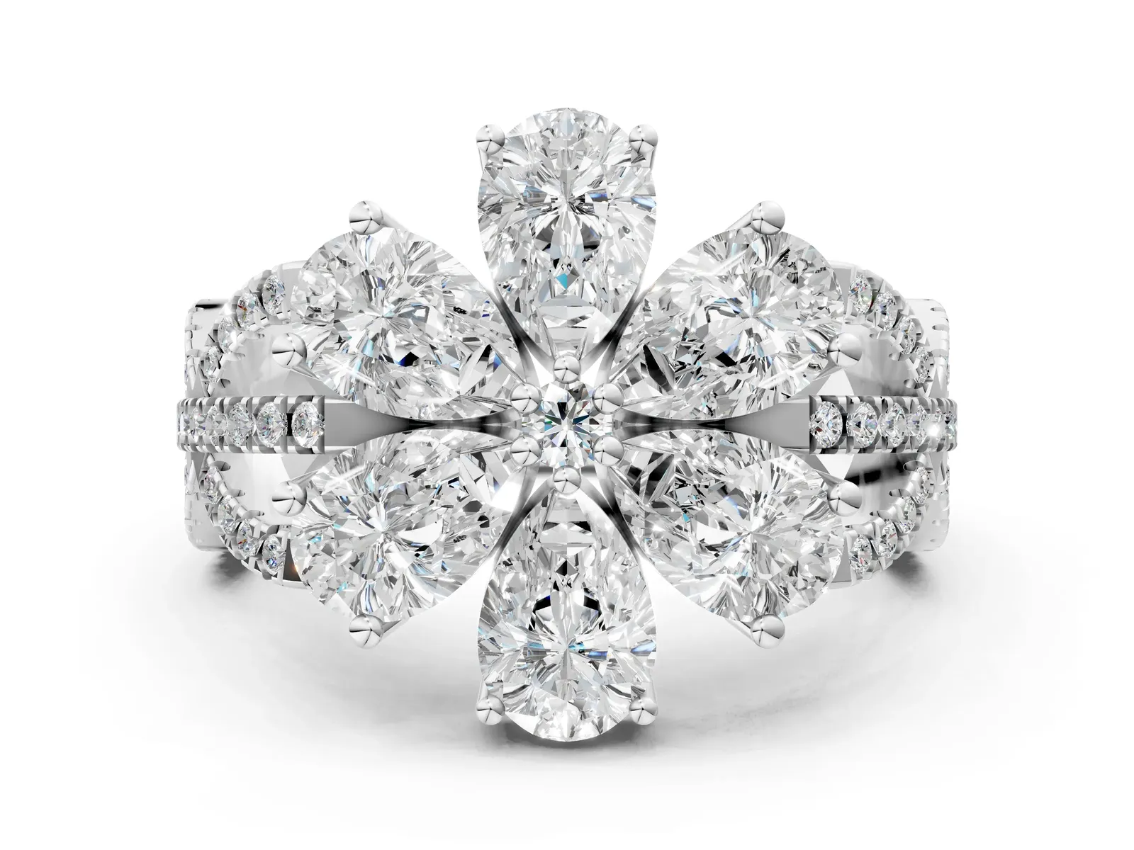 Pear Diamond Floral Ring with Round Diamond Accents Silver