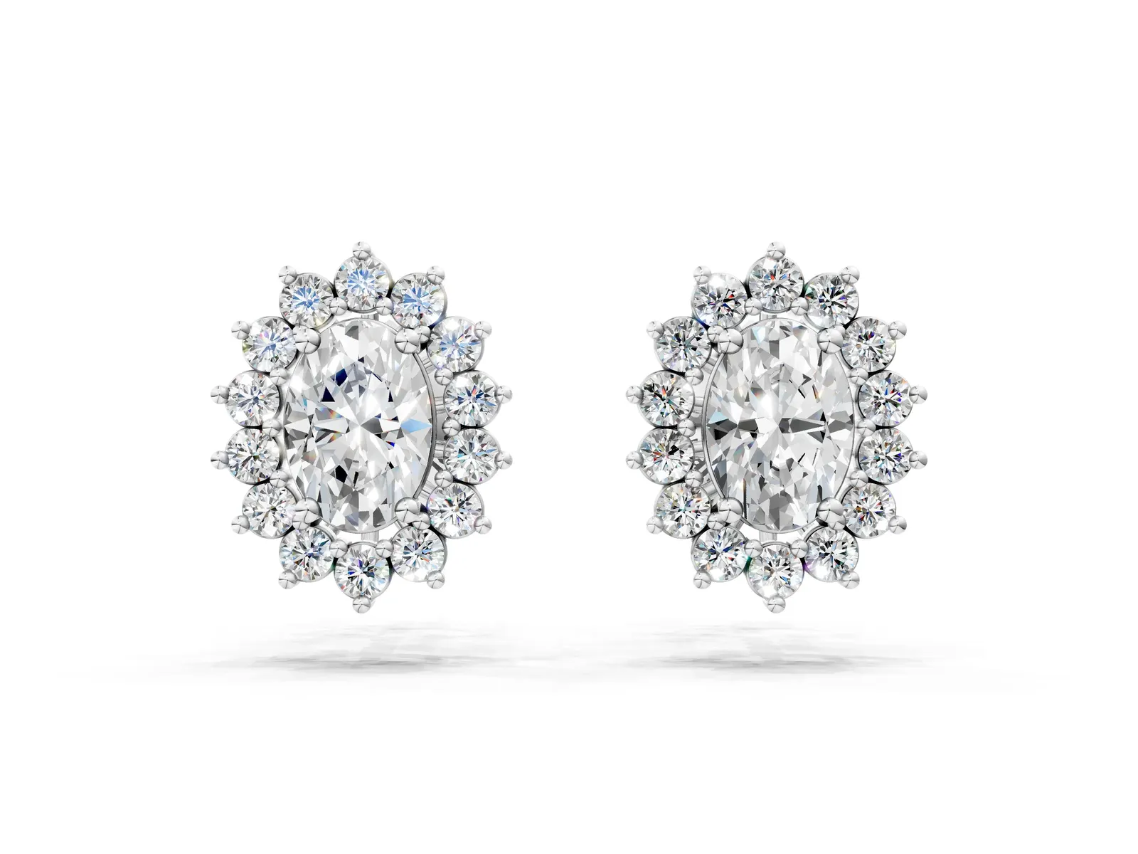 Oval Diamond Floral Halo Stud Earrings Silver