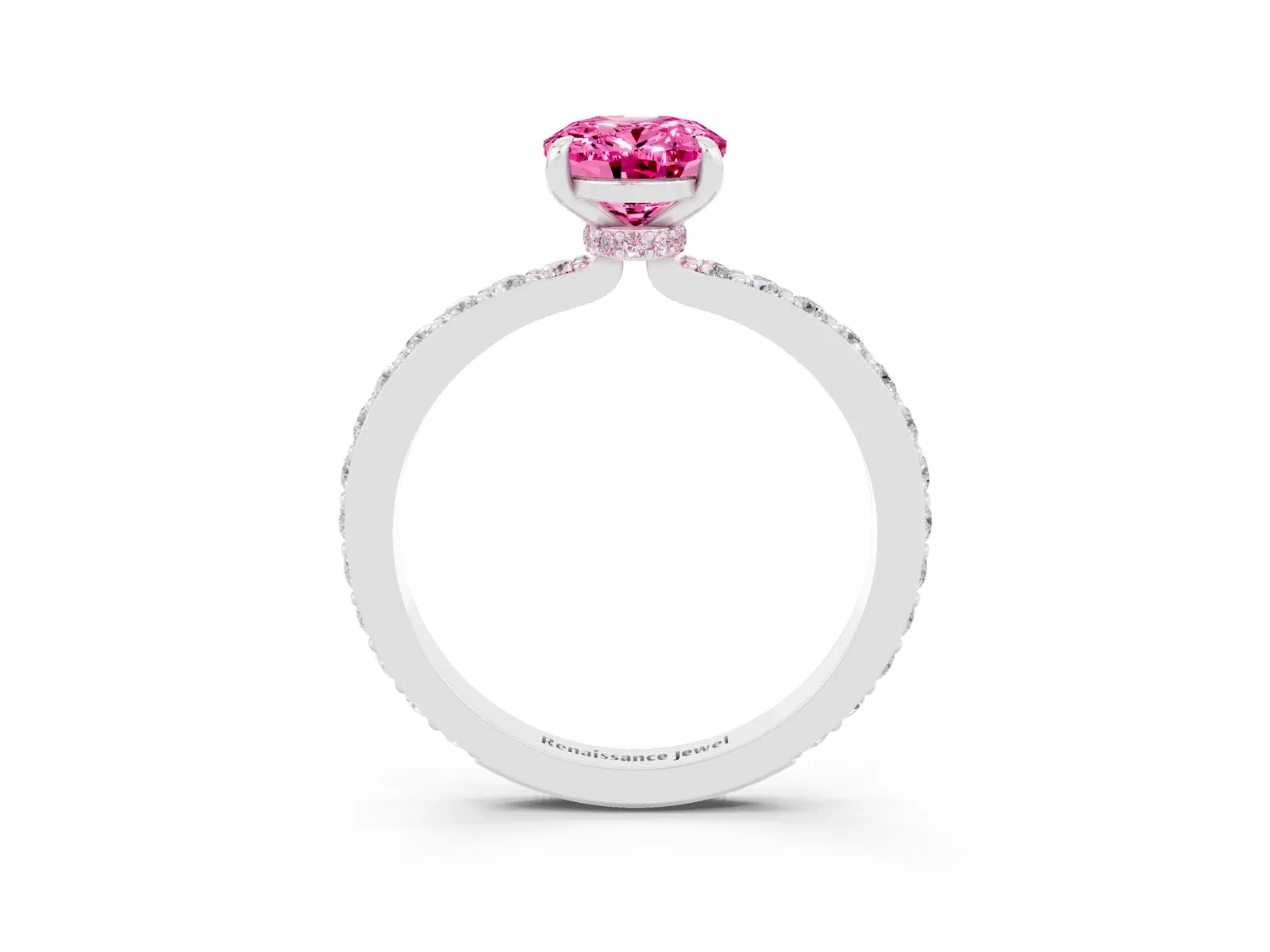 Oval Cut Pink Sapphire Solitaire Engagement Ring with Pavé Band and Four-Prong Setting Platinum