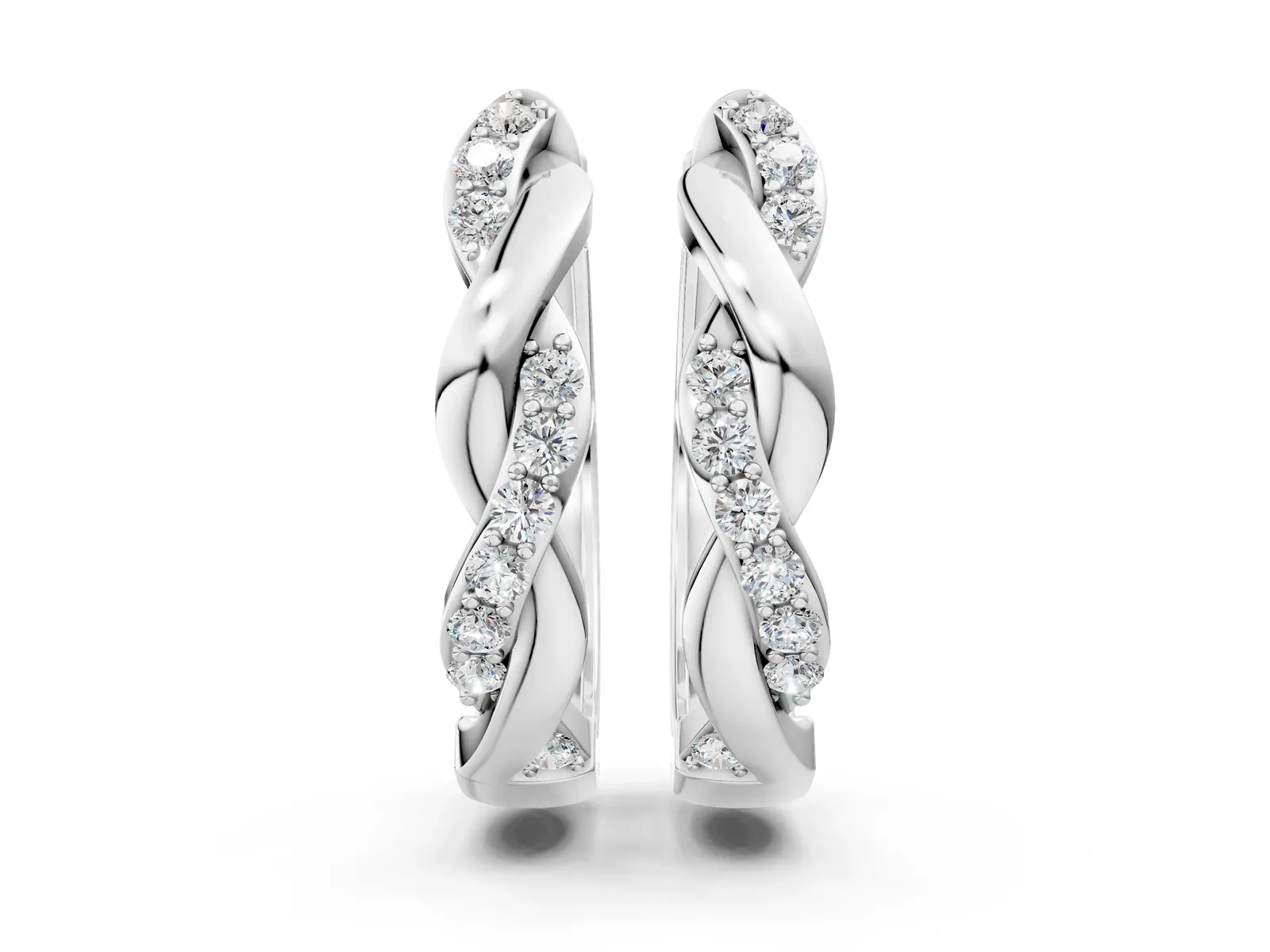 Round Cut Diamond Twisted Pavé Hoop Earrings White gold