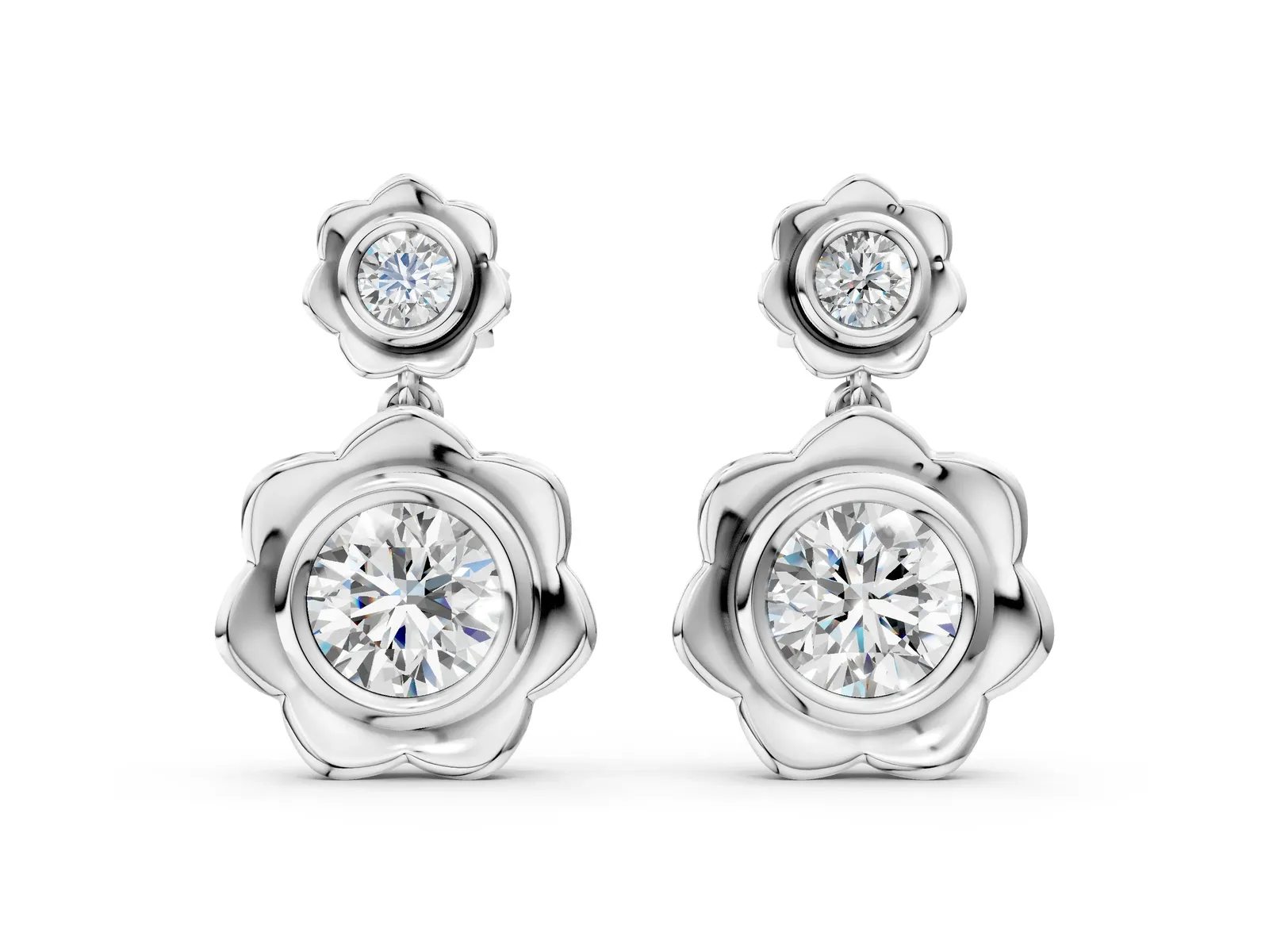 Round Diamond Flower Drop Earrings with Lab Diamond Accents White gold