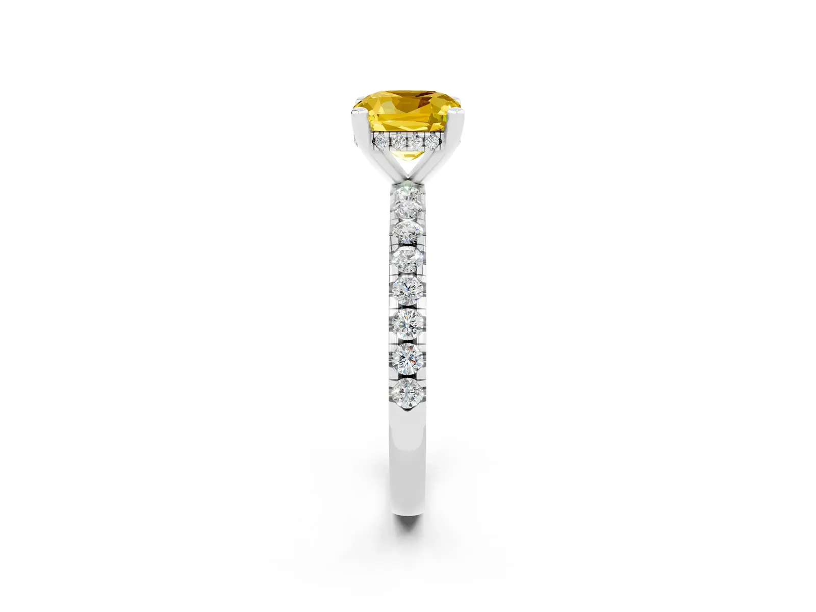 Cushion Cut Yellow Sapphire Solitaire Ring with Round Pavé Band and Four-Prong Setting Platinum
