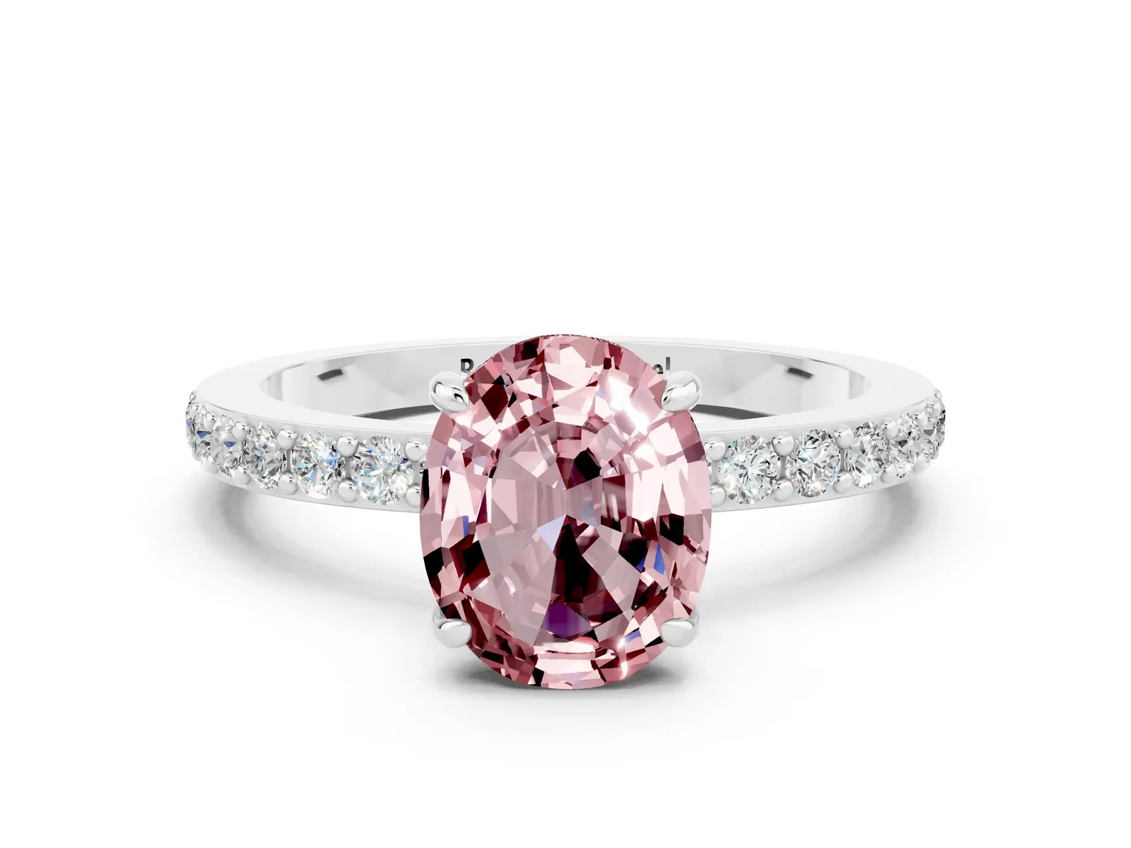 Oval Cut Morganite Solitaire Engagement Ring with Pavé Band and Four-Prong Setting Platinum