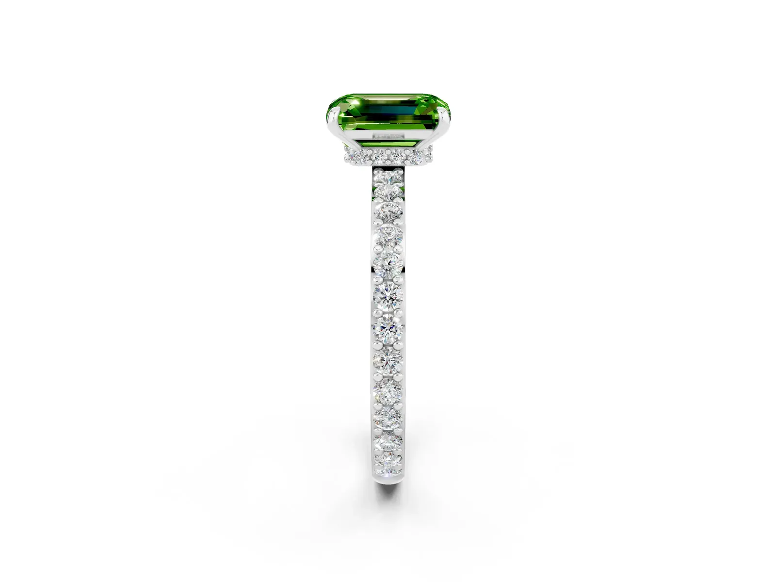 Emerald Cut Peridot Solitaire Engagement Ring with Pavé Band and Four-Prong Setting Platinum