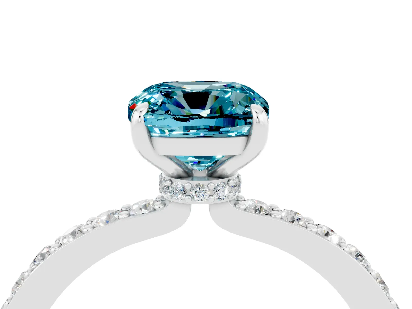 Cushion Cut Blue Topaz Solitaire Engagement Ring with Pavé Band and Four-Prong Setting Platinum