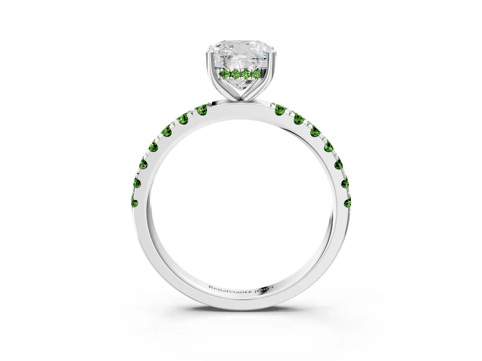 Cushion Cut Diamond Pave Band Solitaire Ring with Round Peridot and Prong Setting Platinum