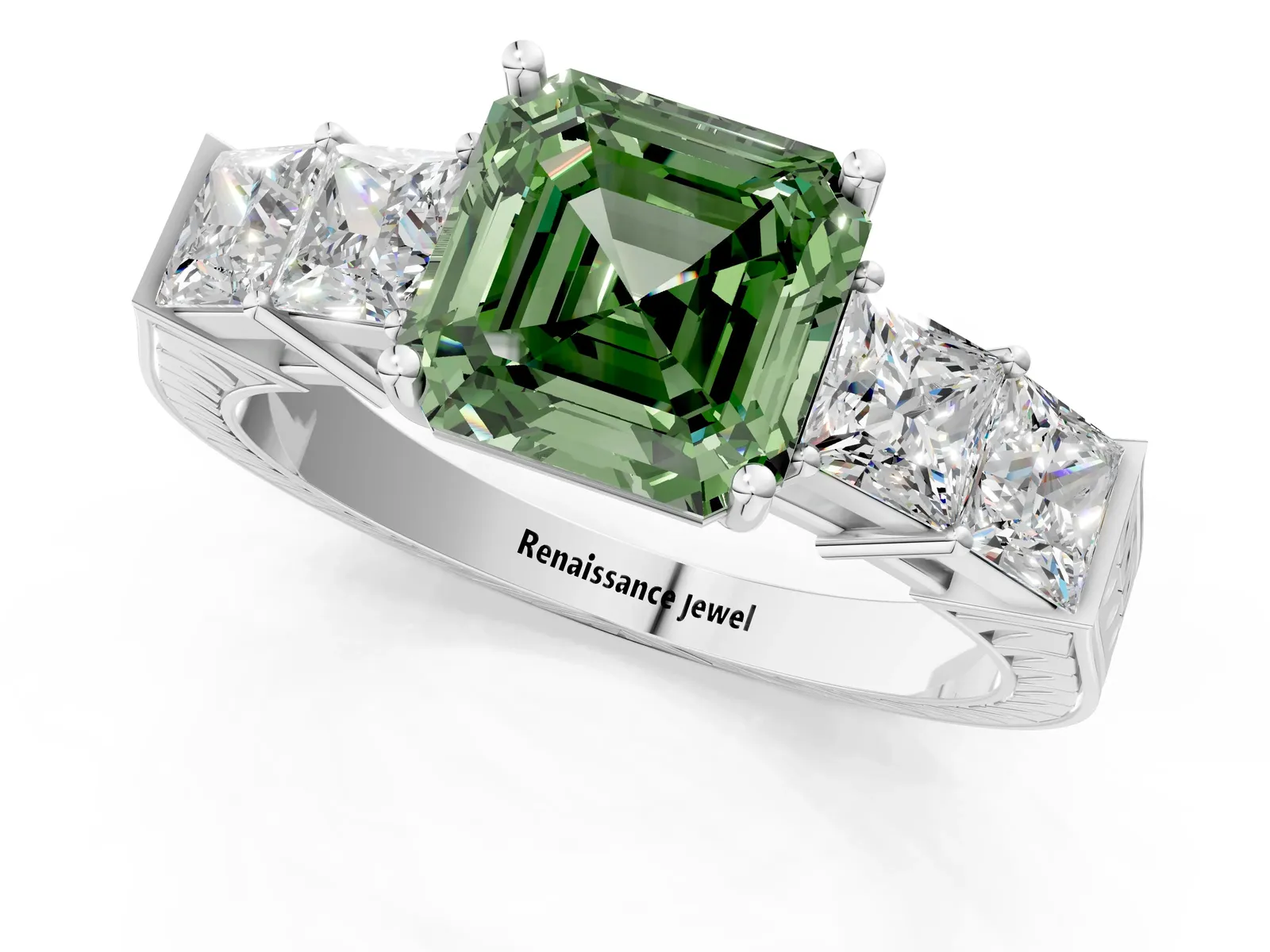 Fancy Green Asscher Cut Solitaire Princess Side Stone Engraved Band Prong Setting Ring Platinum