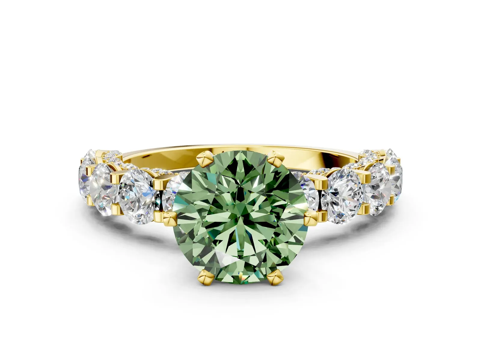 Fancy Green Round Cut Diamond Side Stone Engagement Ring with Four-Prong Setting Yellow gold