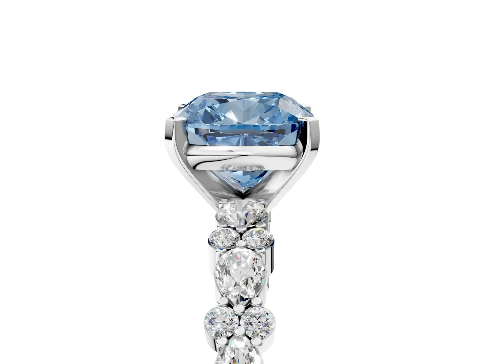Fancy Blue Cushion Cut Diamond Side Stone Solitaire Ring with Round and Four-Prong Setting Platinum