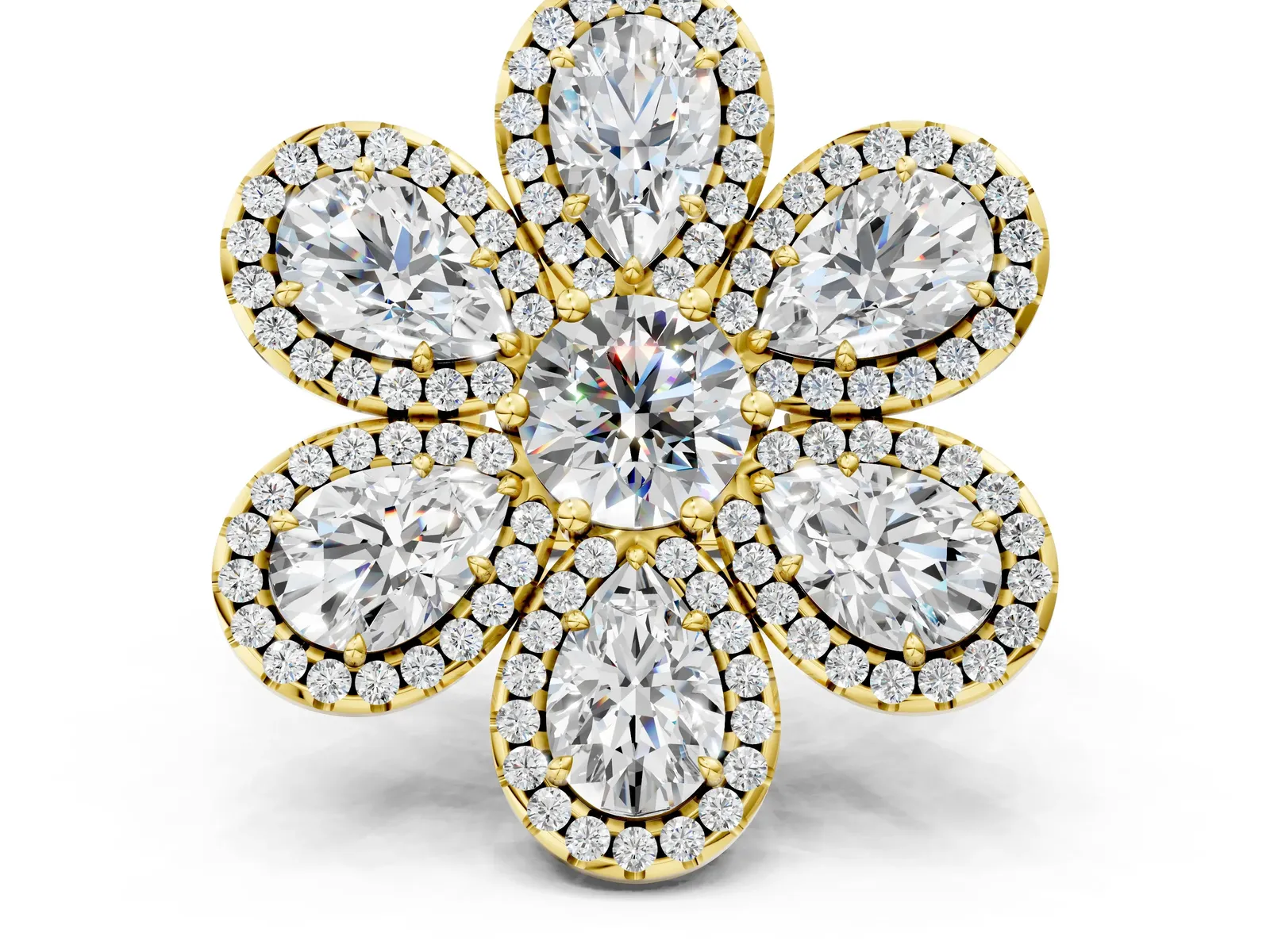 Pear Diamond Floral Promise Ring with Round Diamond Center Yellow gold