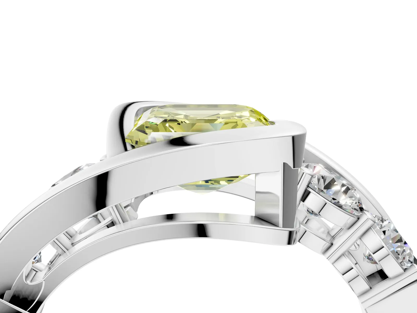 Fancy Yellow Bezel Set Asscher Cut Diamond Bypass Ring with Round Accents Platinum