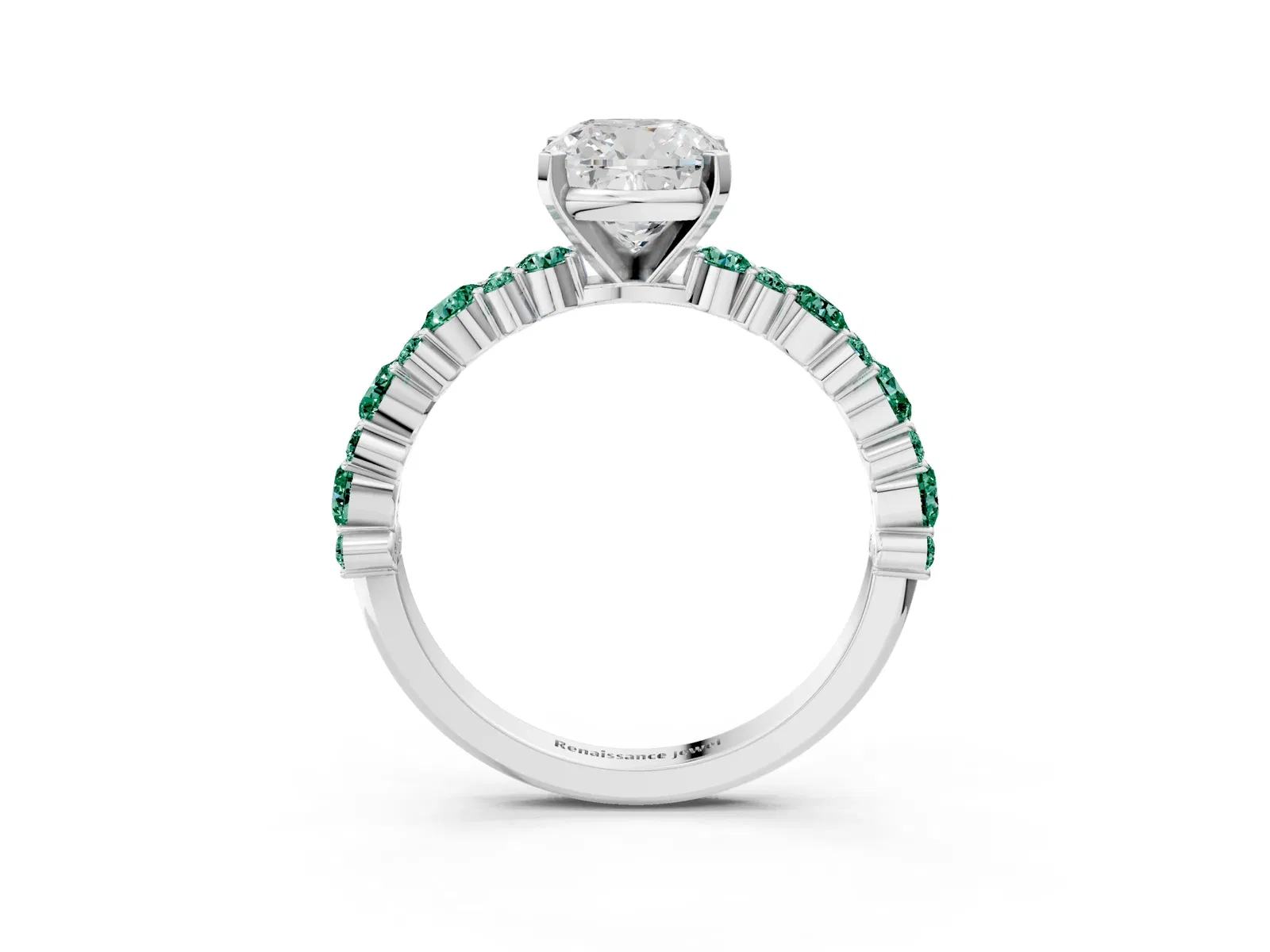 Cushion Cut Diamond Side Stone Solitaire Ring with Round Green Sapphire and Four-Prong Setting Platinum