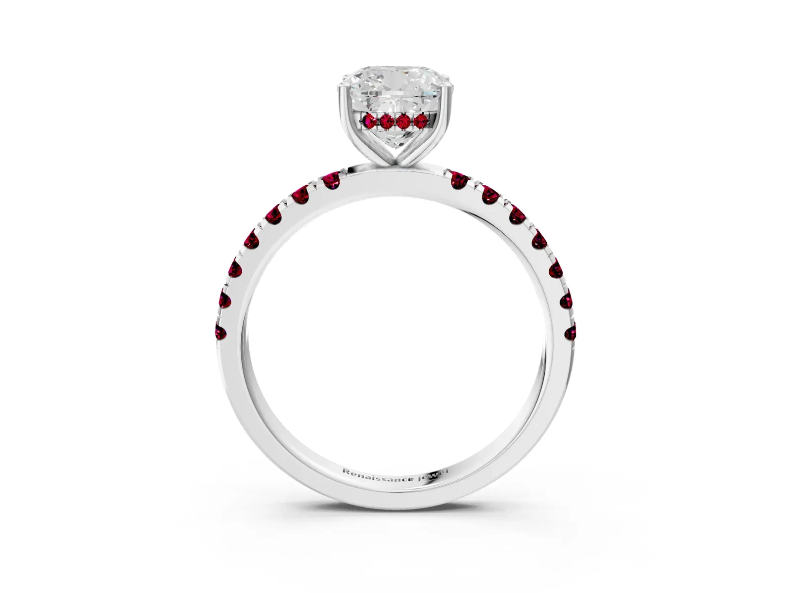 Cushion Cut Diamond Pave Band Solitaire Ring with Round Garnet and Prong Setting Platinum