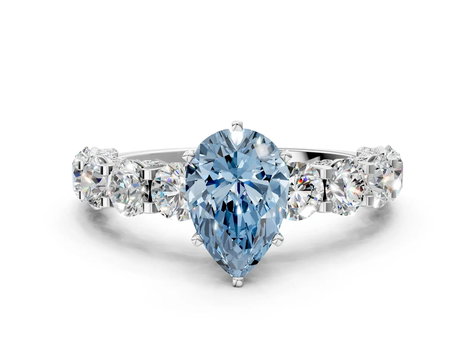 Fancy Blue Pear Cut Diamond Side Stone Engagement Ring with Four-Prong Setting White gold