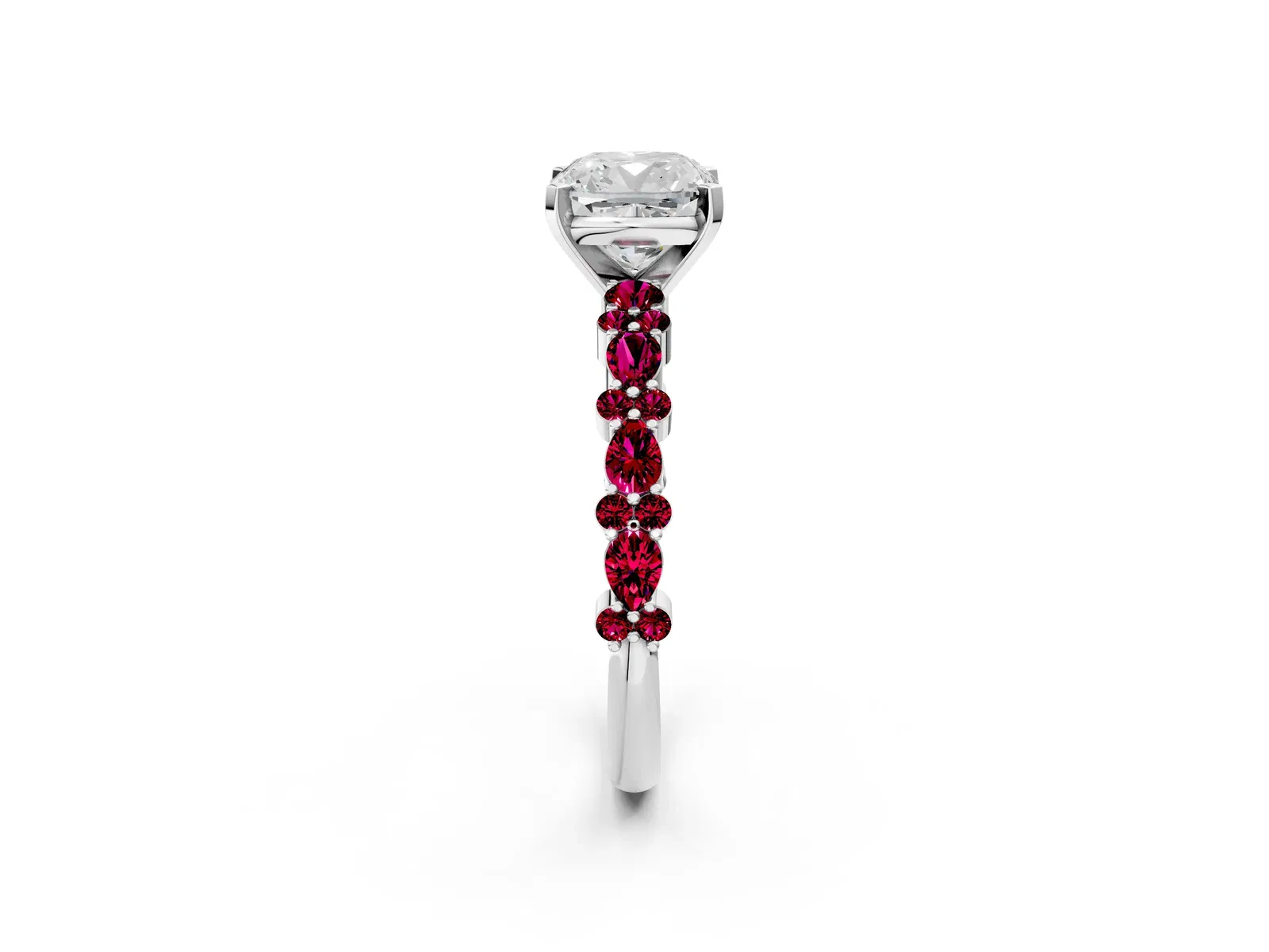 Cushion Cut Diamond Side Stone Solitaire Ring with Round Garnet and Four-Prong Setting Platinum