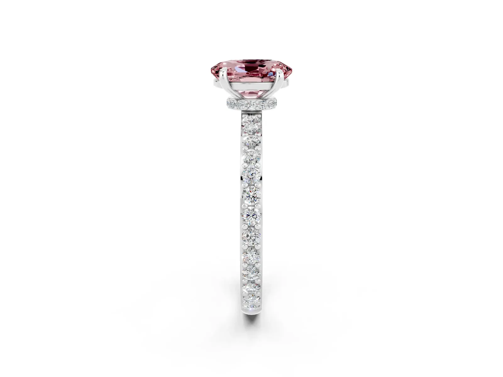 Oval Cut Morganite Solitaire Engagement Ring with Pavé Band and Four-Prong Setting Platinum