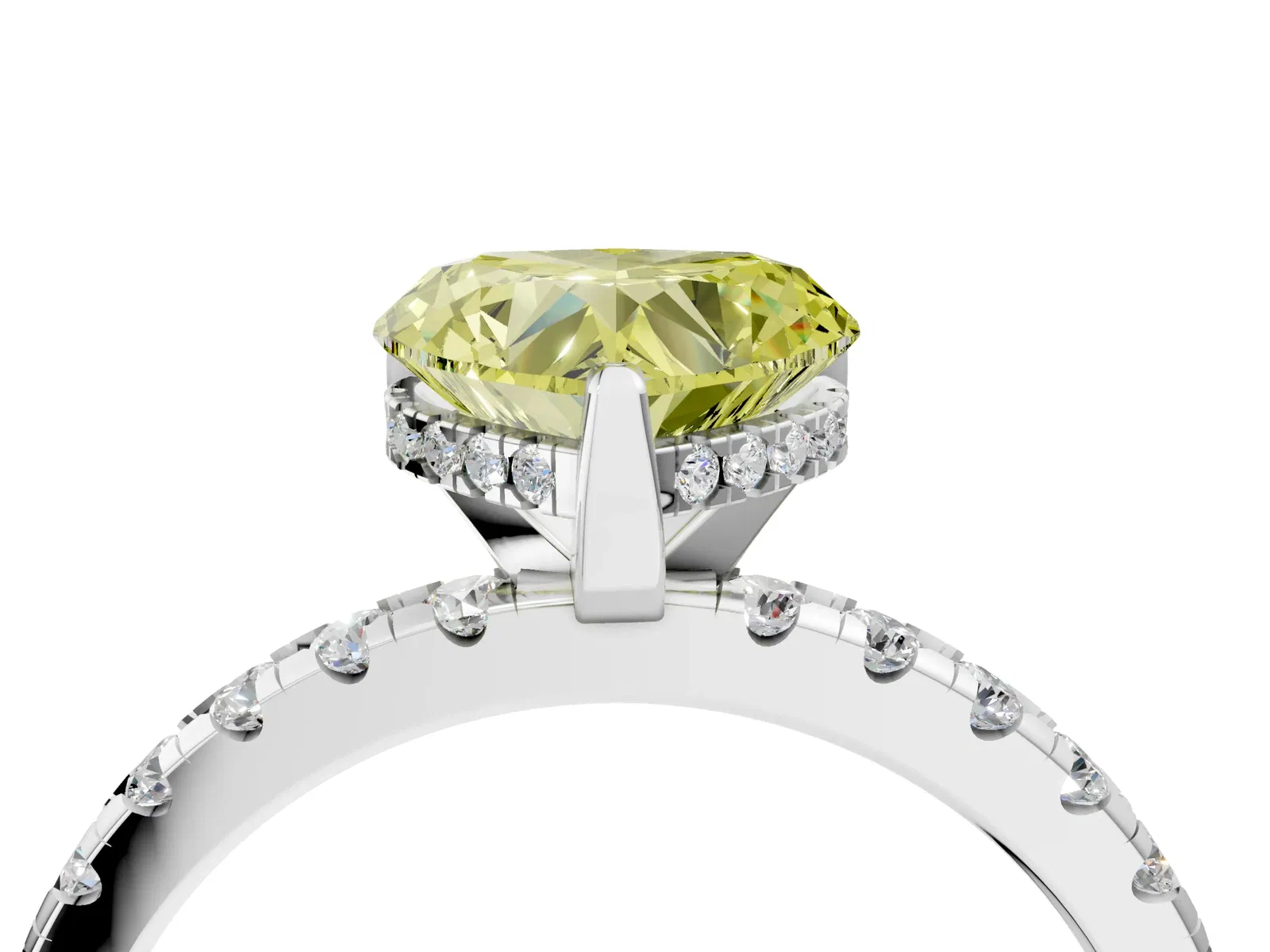 Fancy Yellow Heart Cut Diamond Solitaire Ring with Round Pavé Band and Four-Prong Setting Platinum