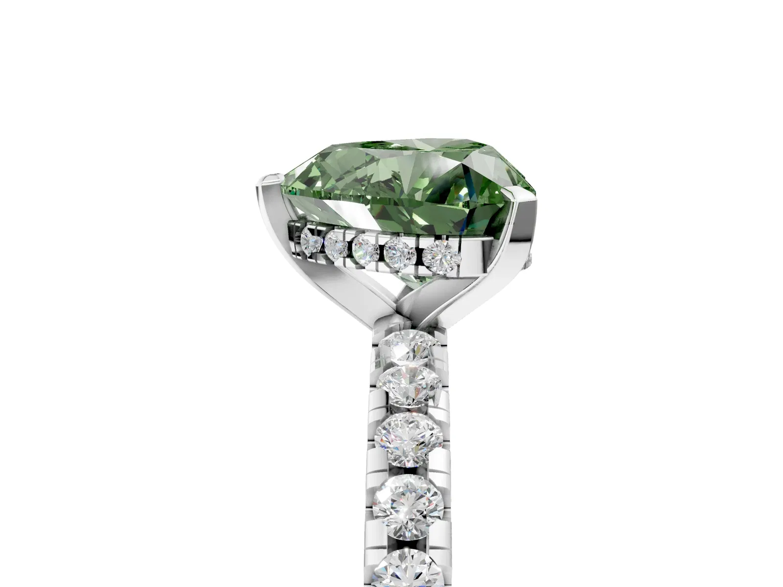 Fancy Green Heart Cut Diamond Solitaire Ring with Round Pavé Band and Four-Prong Setting Platinum