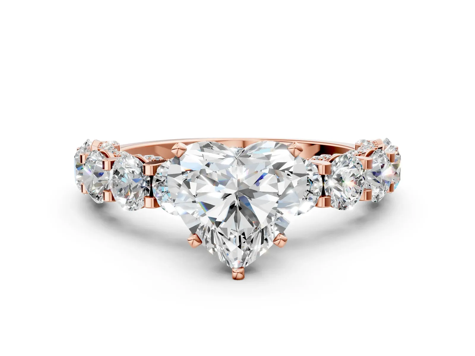 Heart Cut Diamond Side Stone Engagement Ring with Four-Prong Setting Rose gold