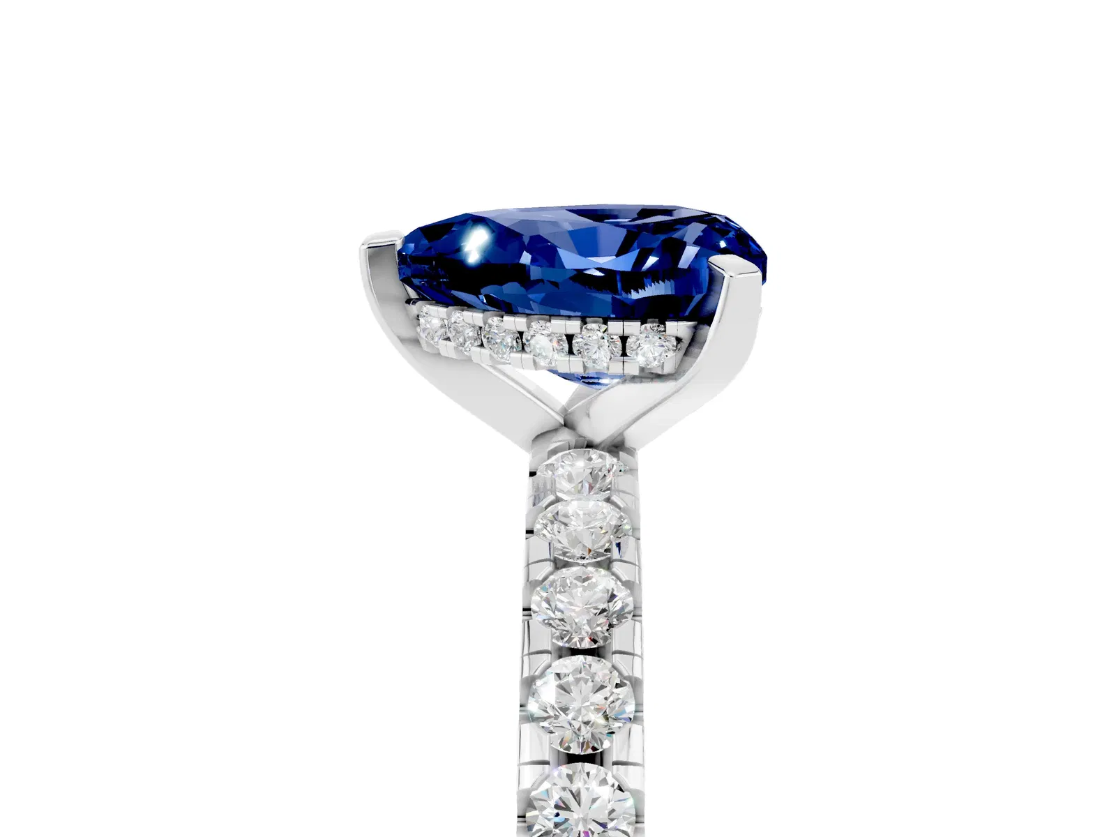 Heart Cut Blue Sapphire Solitaire Ring with Round Pavé Band and Four-Prong Setting Platinum